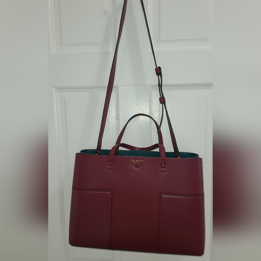 Tory Burch Wine Red Leather Tote with Green Interior - Picture 2 of 12